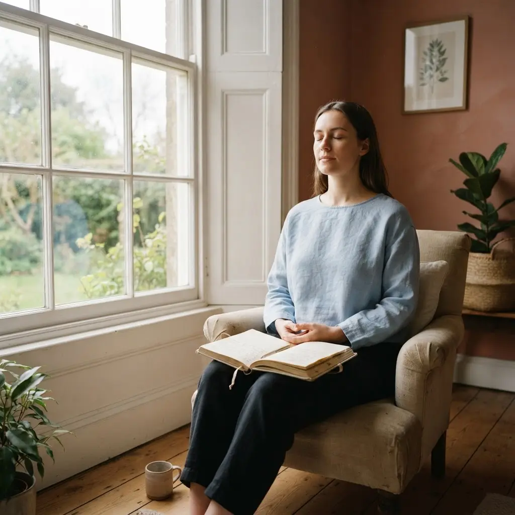 Person seated beside a sunny window with a journal, using breathing for everyday wellness tips.