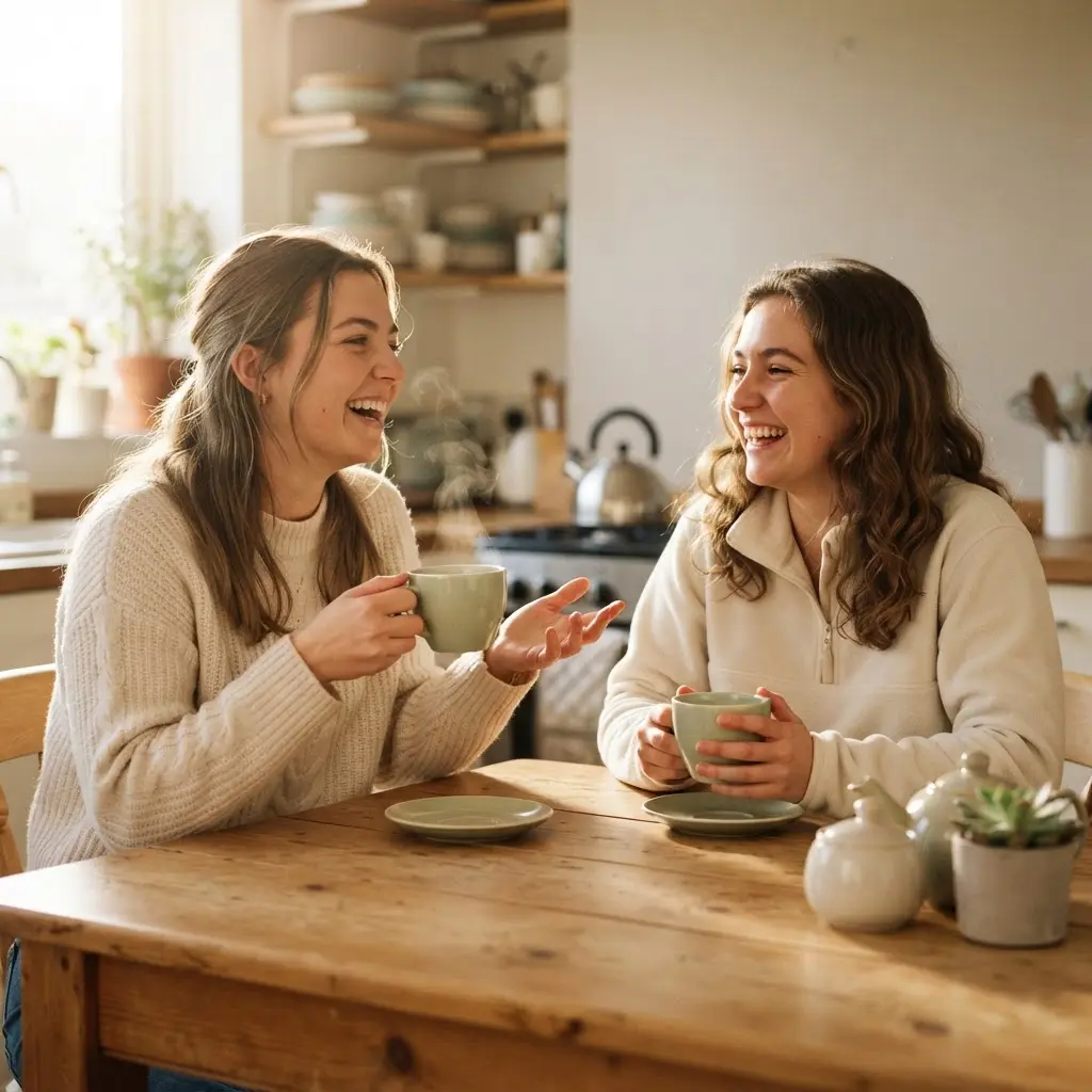 Two friends talking over tea at a kitchen table in a warm, welcoming home setting.