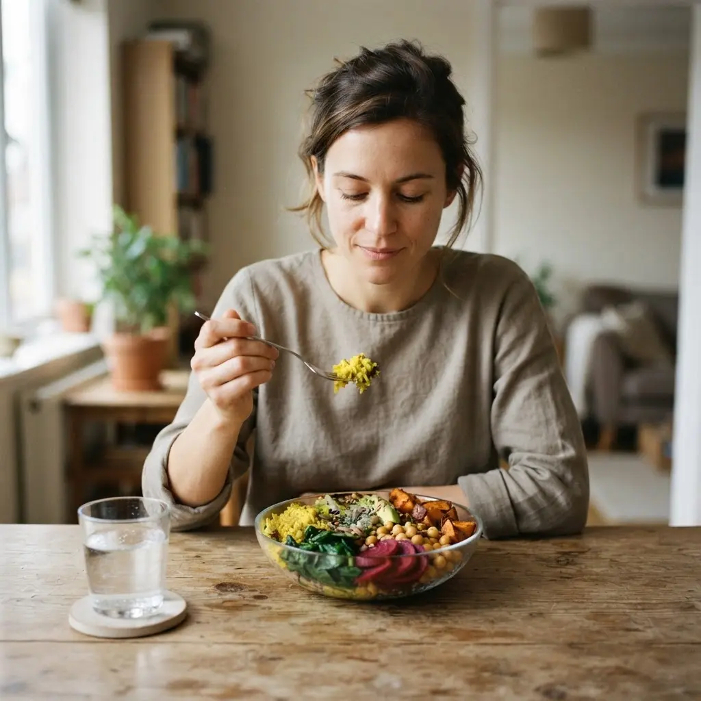 Person enjoying a colorful grain bowl at a quiet table as part of healthy living tips.