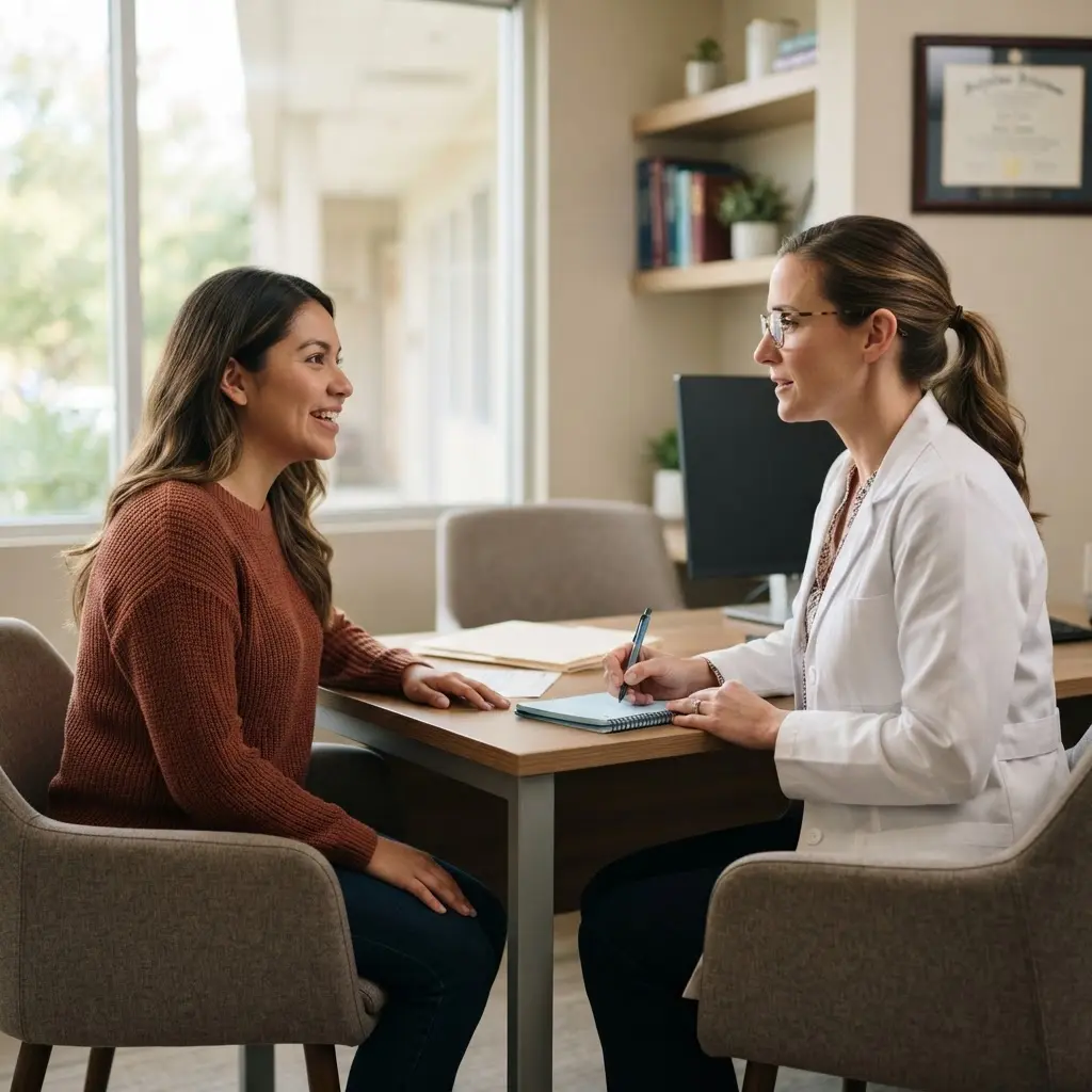 Patient and clinician reviewing notes together during a routine preventive health visit.