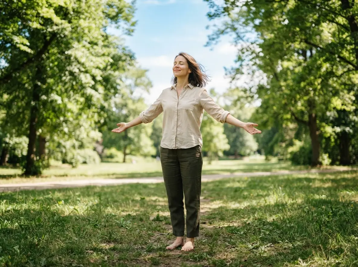 Person walking among leafy trees in a sunny park for fresh air and healthy living tips.