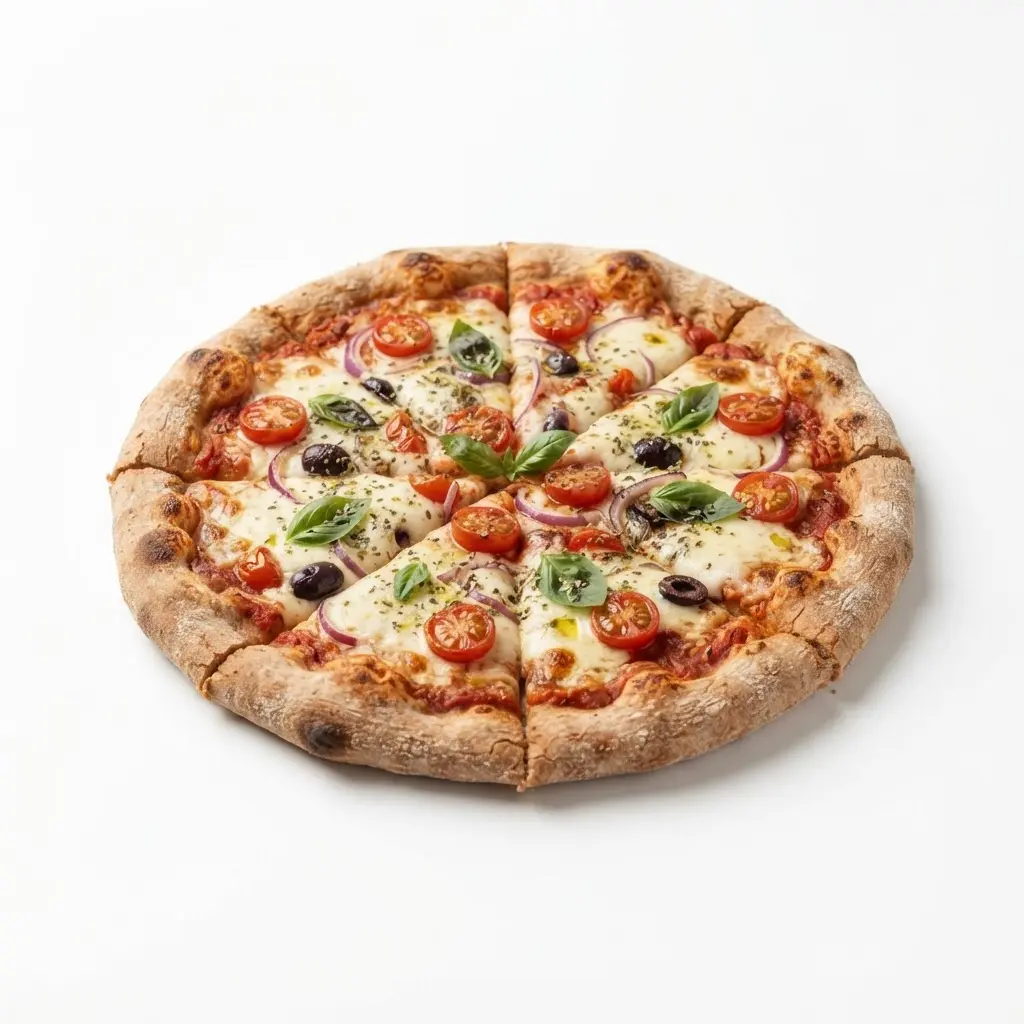 Whole-wheat pizza on a clean white background.