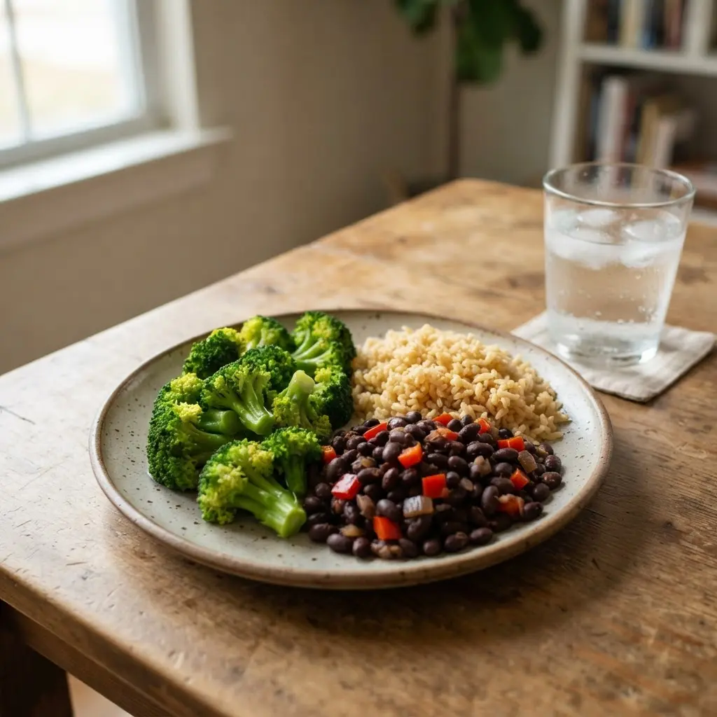 A person pauses over a balanced plate of vegetables, beans, and rice, showing tips to stop overeating through mindful eating.