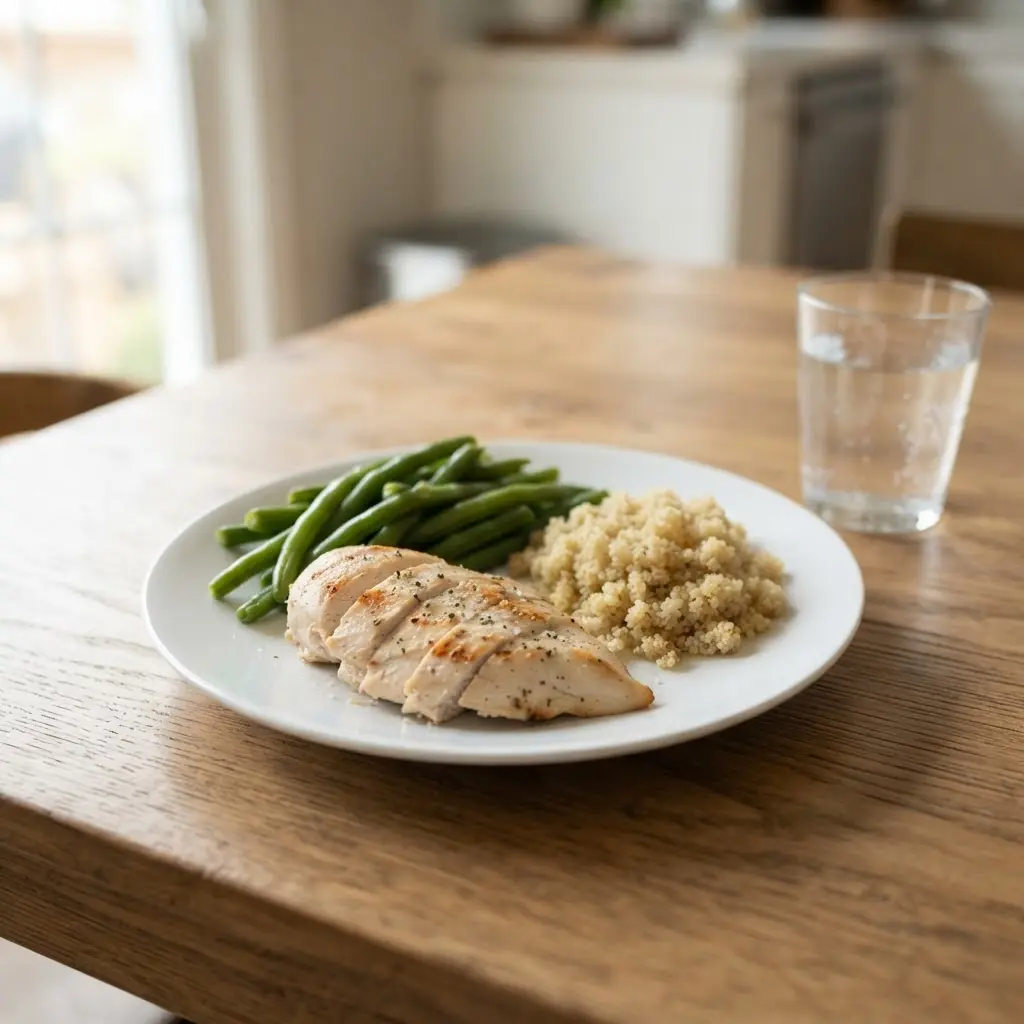A small plate holds measured vegetables, chicken, and rice beside a full-size plate, illustrating tips to stop overeating.