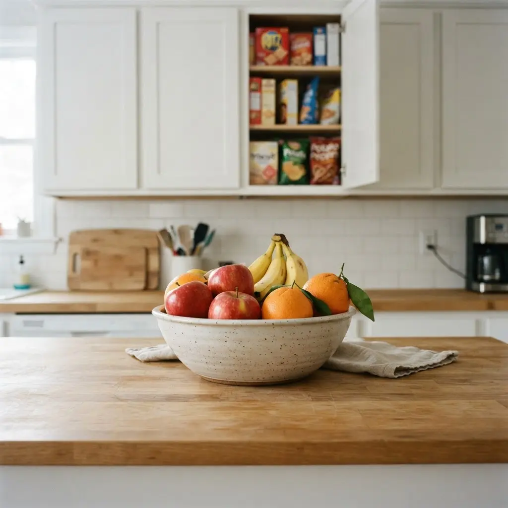 A kitchen counter shows fruit in a bowl and snack foods stored in opaque cupboards away from the dining table.