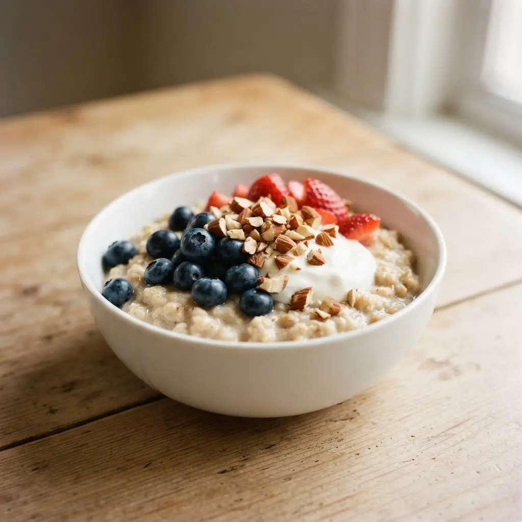 A bowl of oatmeal, berries, yogurt, and nuts shows filling food choices for stopping overeating at breakfast.