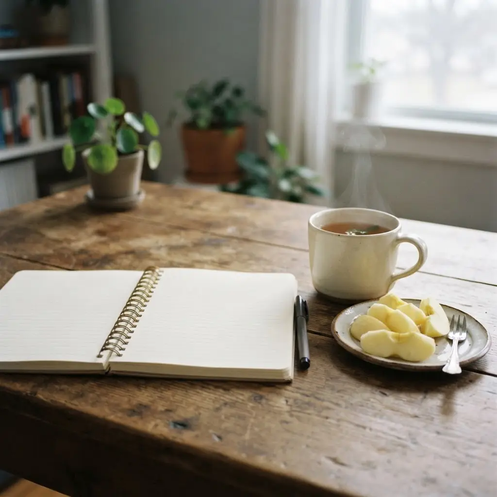 A person writes in a notebook beside tea and a plate of sliced apple in a quiet room.