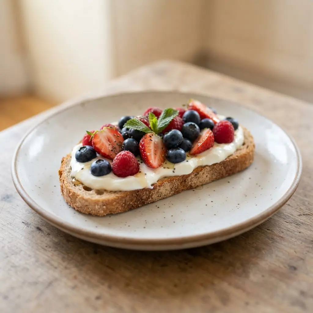 Whole-wheat tartine with fresh berries and yogurt on a ceramic plate, styled for a healthy French breakfast.