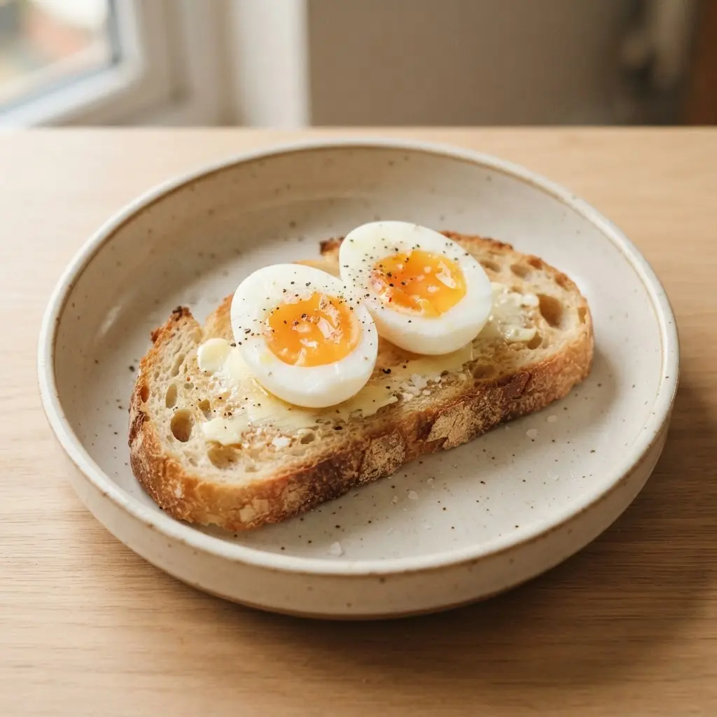 Soft-boiled egg on rustic sourdough toast beside a small cup and greens for a healthy French breakfast.