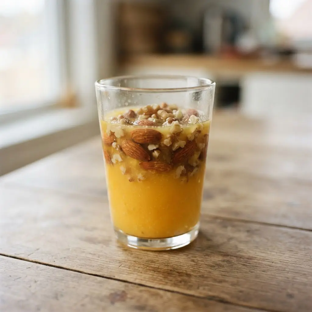 Glass of fresh orange juice beside almonds, walnuts, and sliced citrus on a wooden breakfast board.