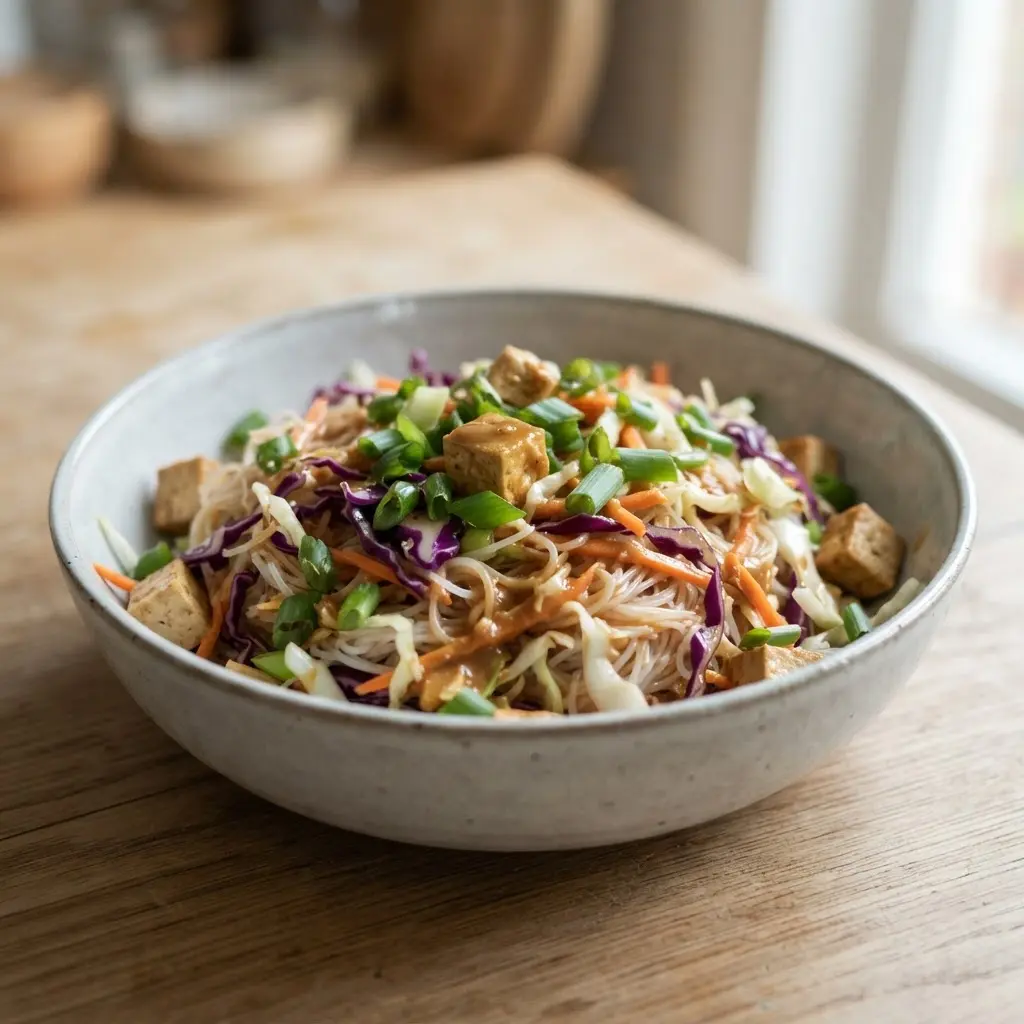 Tofu noodle salad with rice noodles, shredded cabbage, carrots, scallions, peanuts, and spicy ginger dressing.