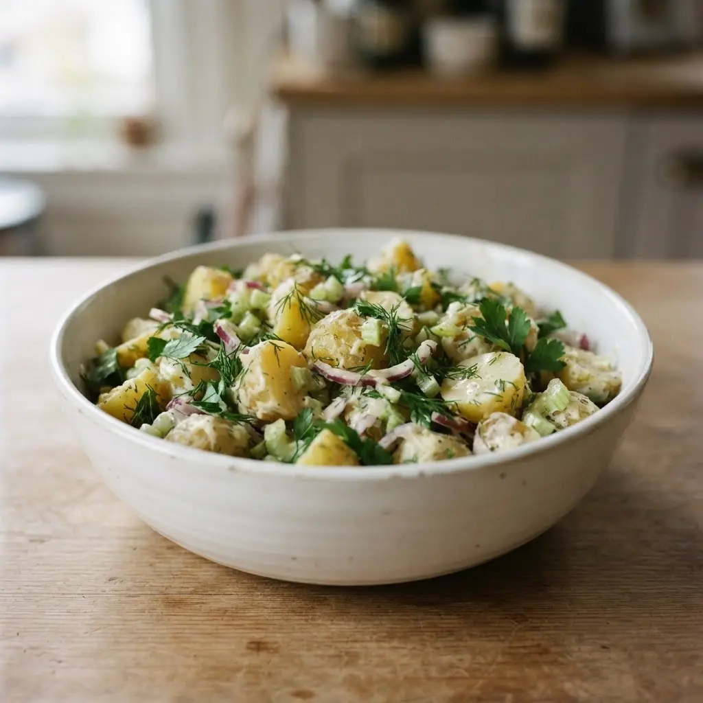 Creamy lemon tahini potato salad with golden potatoes, celery, parsley, dill, and sliced red onion.