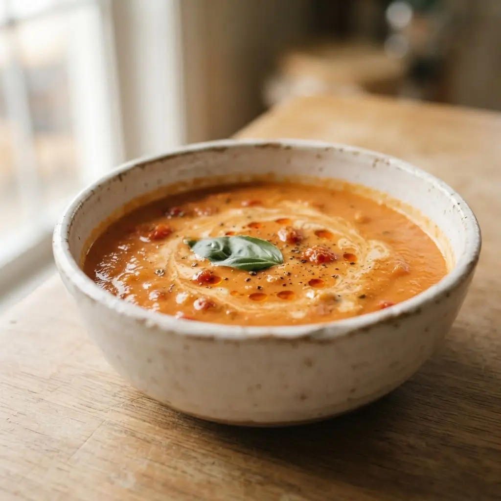Roasted tomatoes, cashews, basil, and creamy soup fill a rustic bowl, one of five vegan soup ideas you should try today.