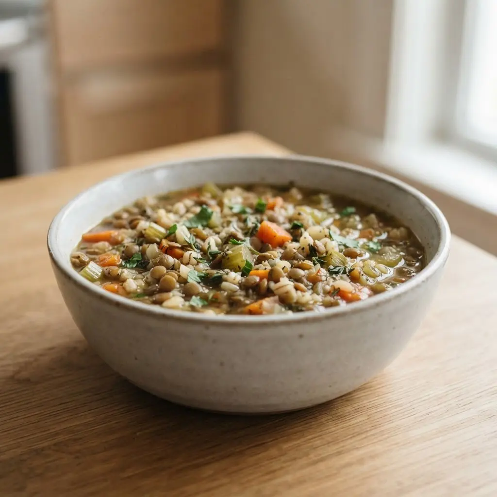 Lentils, carrots, celery, herbs, and grains sit in a rustic bowl of hearty vegetable soup.