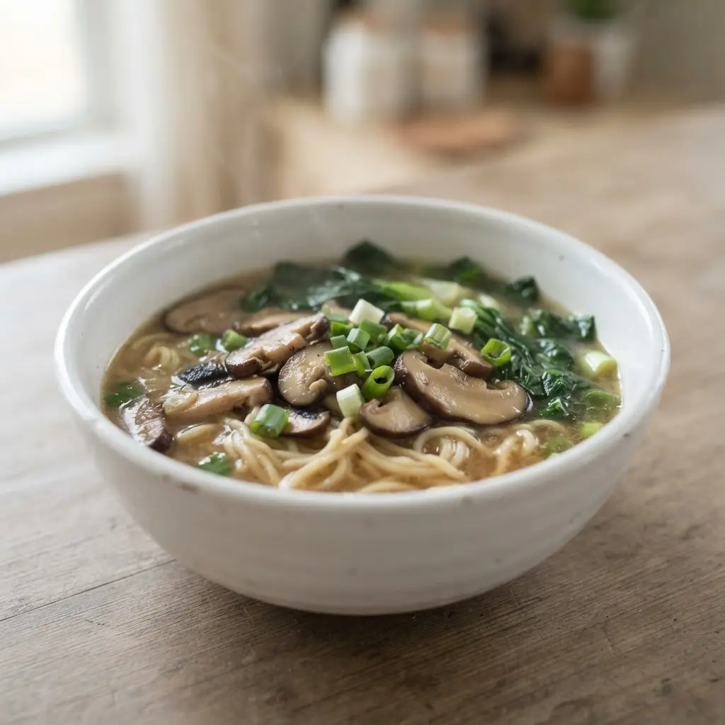 Miso broth holds ramen noodles, sliced mushrooms, leafy greens, and scallions in a deep ceramic bowl.