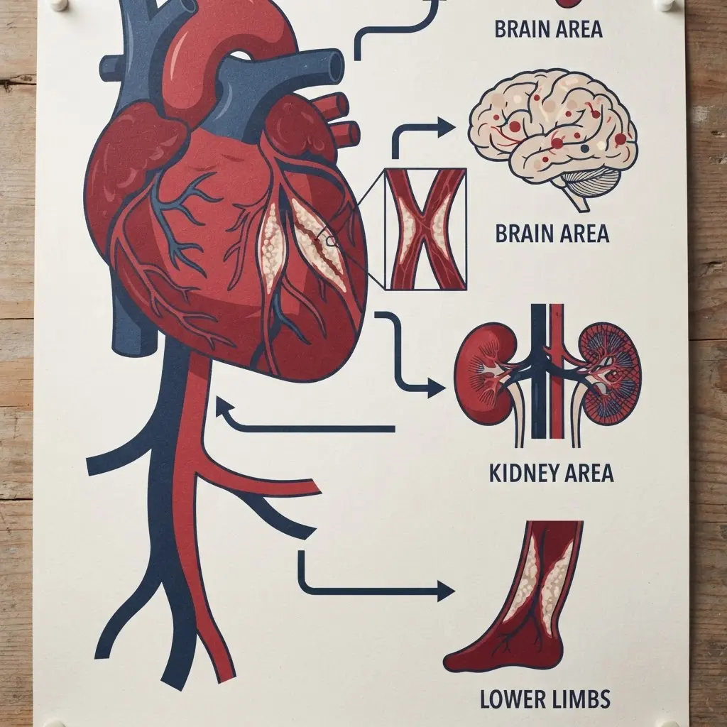 Clinical diagram showing a heart, arteries, salt shaker, and burger linked to fast food habits.