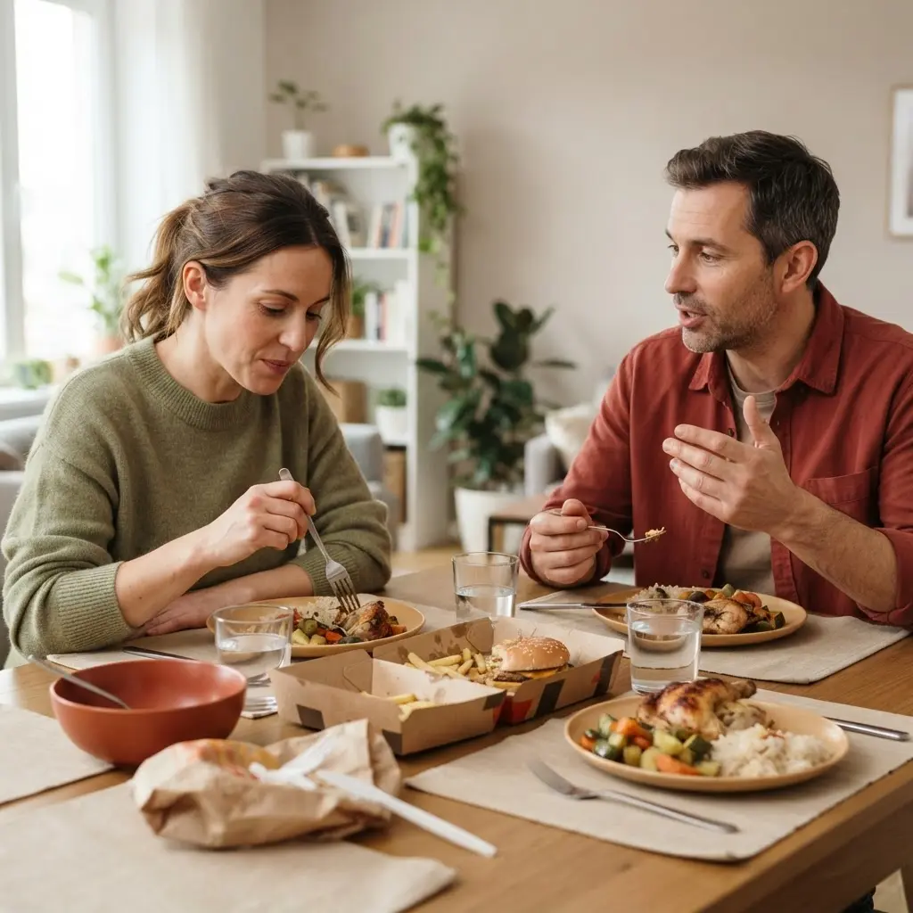 Photo showing friends at a table, packed meals, and fast food habits during dinner.