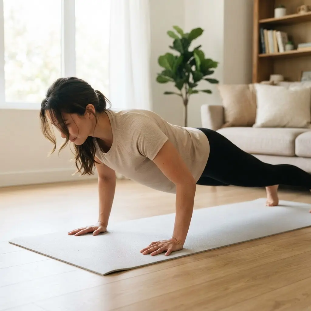 Person performing controlled push-ups on a living room mat for home muscle training with aligned hands and a straight torso.