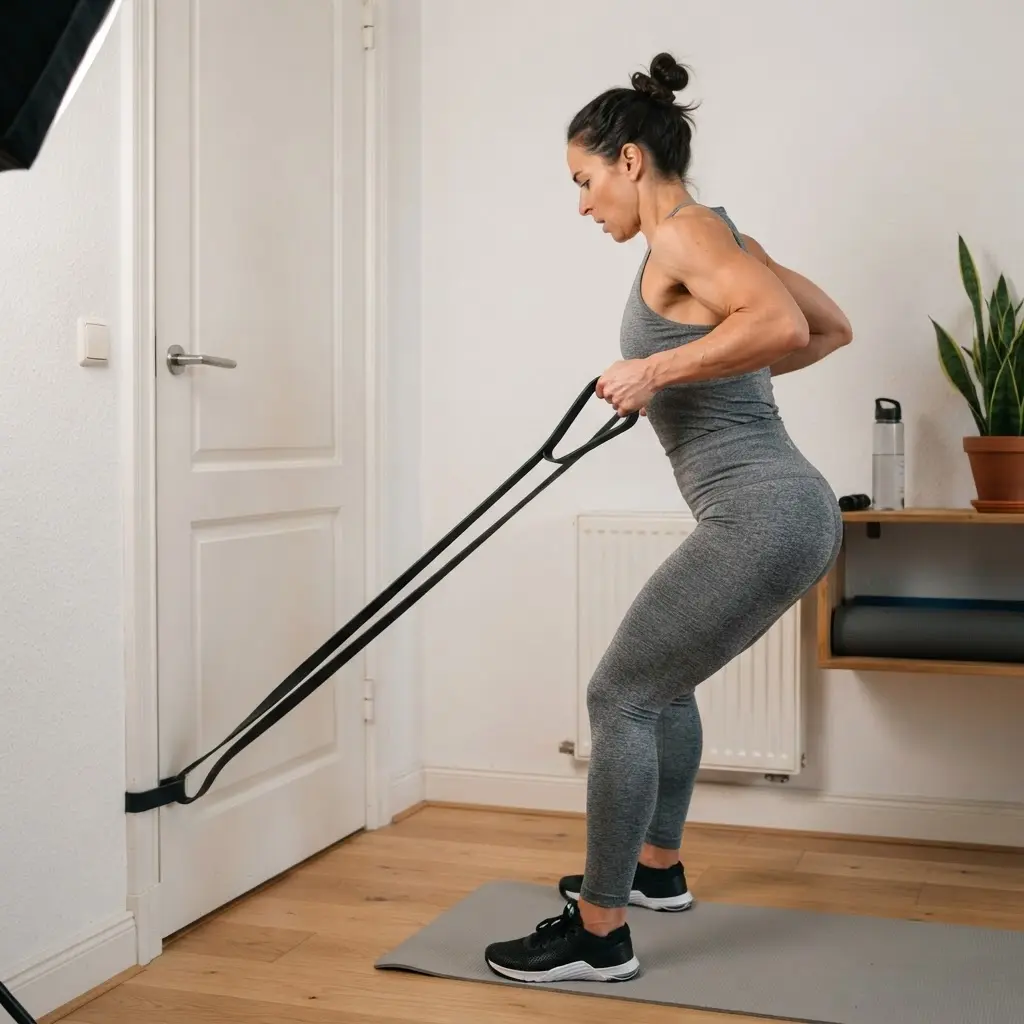 Loop resistance bands anchored near a door as a person performs rows in a small home workout area.