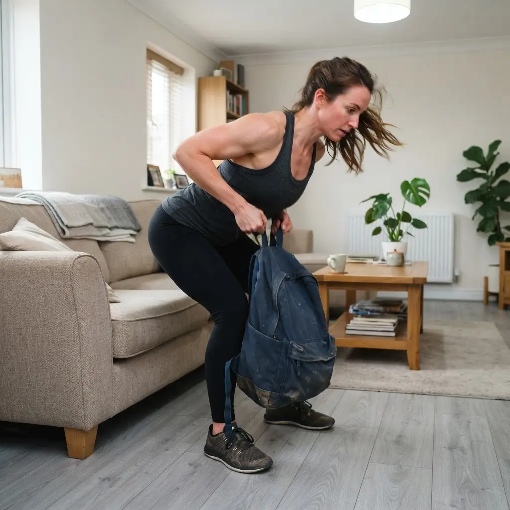 Person holding a loaded backpack during a home strength exercise beside a sofa, with a level back and bent knees.