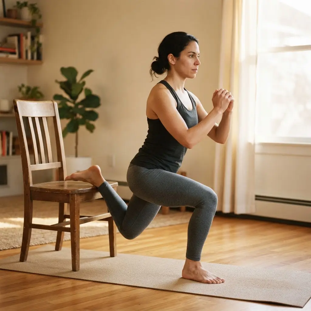 Person completing a slow split squat beside a chair, showing home muscle training with a steady knee position.