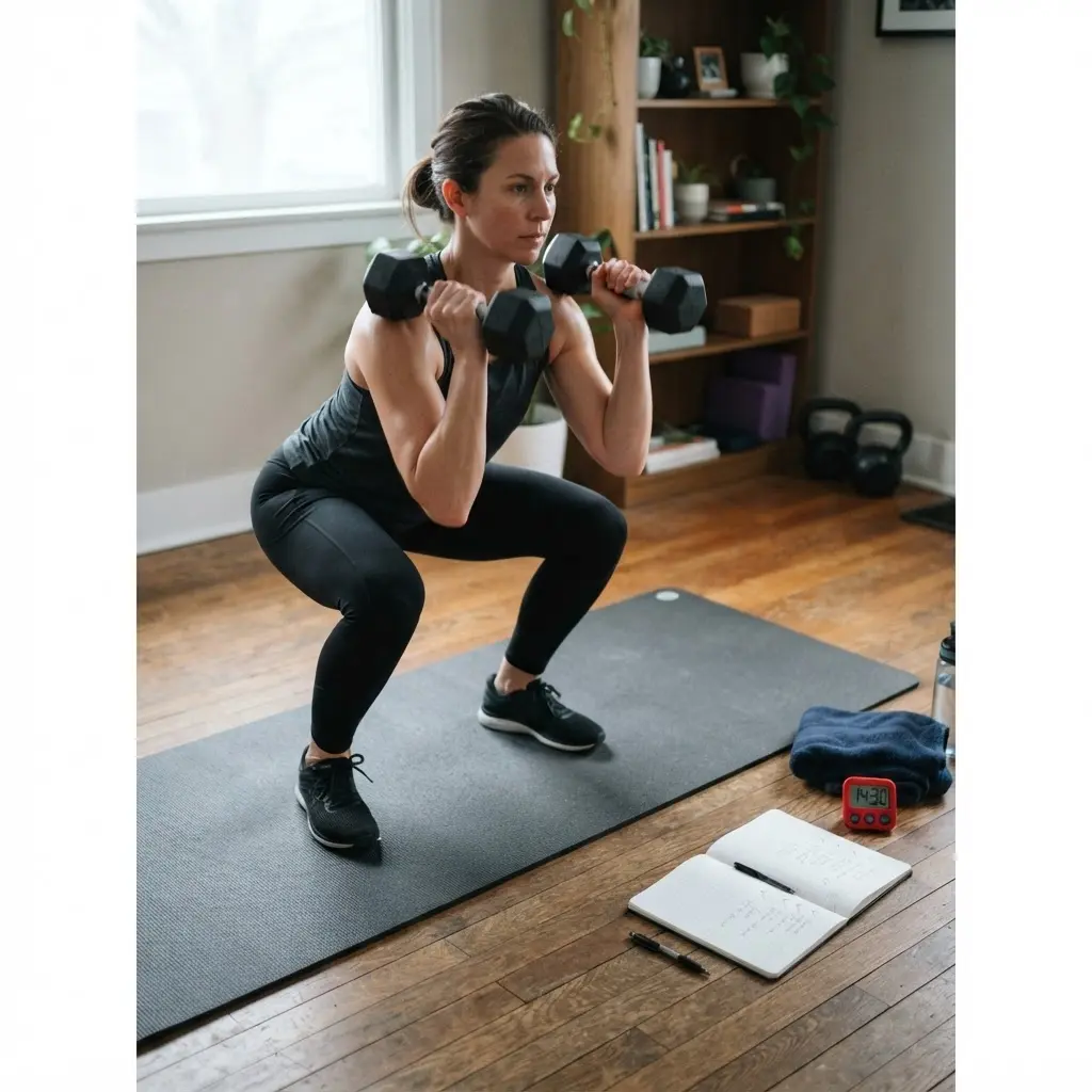 Open notebook, timer, mat, and dumbbells arranged beside a person doing a structured home workout.
