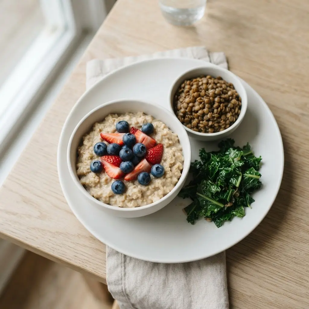 A bowl of oats with berries sits beside lentils and leafy greens on a bright kitchen table.