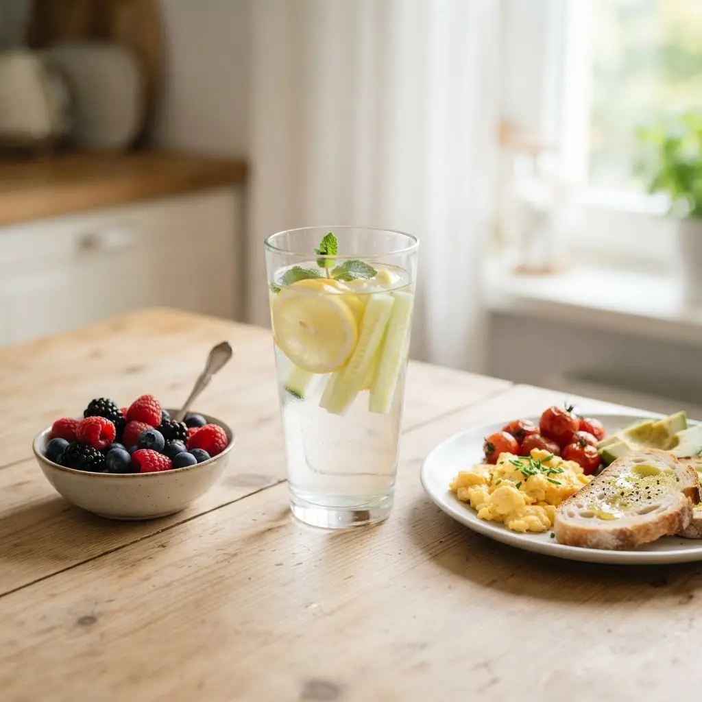 A clear water glass sits beside fruit and a balanced meal, showing a simple appetite control habit.