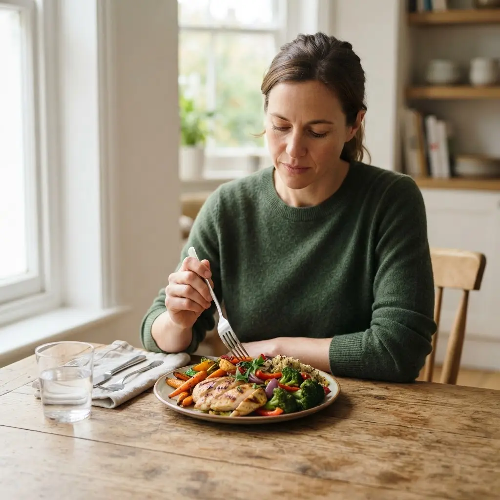 A person sits at a quiet table, holding a fork over a colorful meal without a screen nearby.