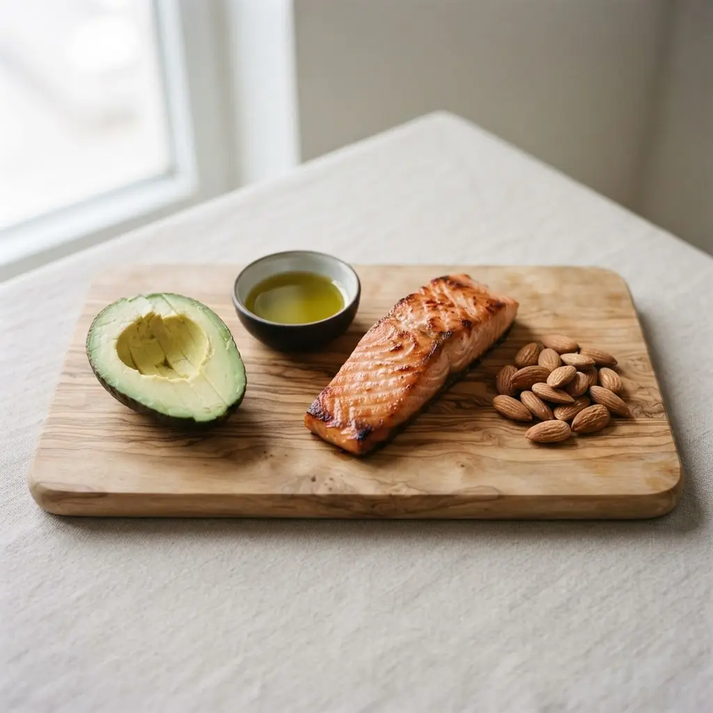 Avocado, salmon, almonds, and olive oil form a balanced spread linked with appetite control.