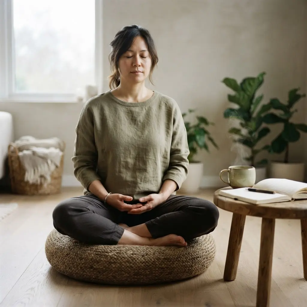 A notebook, herbal tea, and a person resting hands on their lap show a calm stress reduction routine for appetite control.