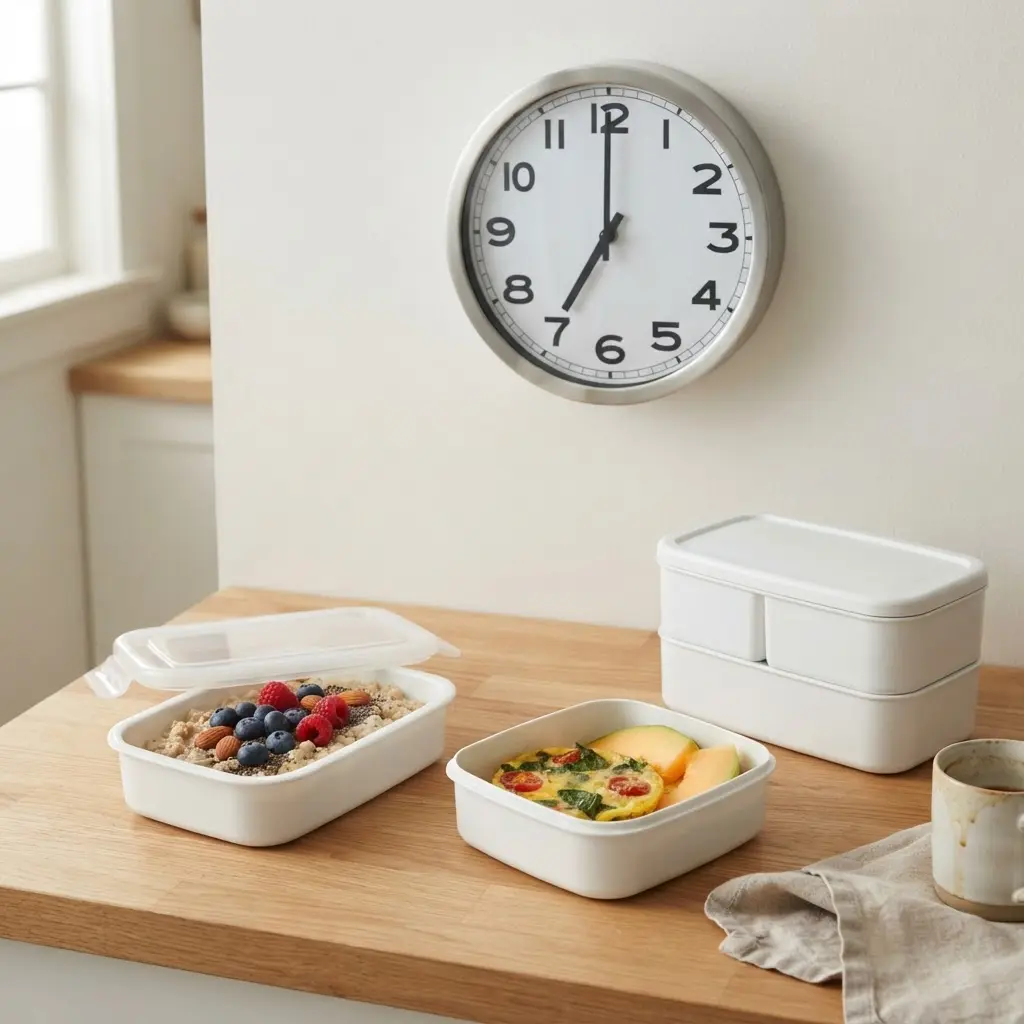 A clock sits beside a packed lunch and breakfast containers arranged for regular daily meal times.