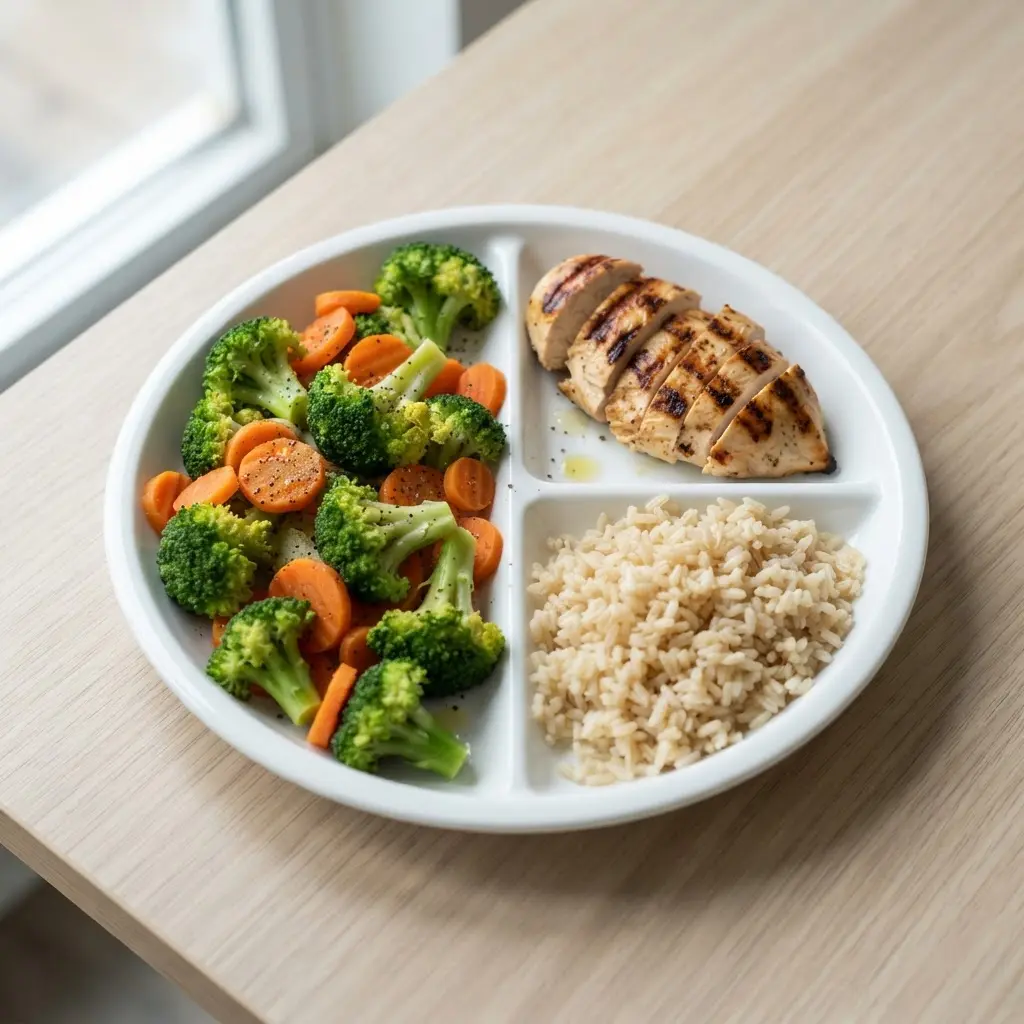 A balanced plate with vegetables, grains, and chicken shows a portion approach for appetite control.