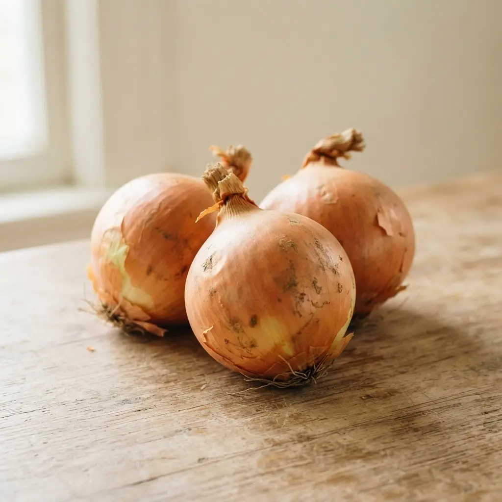 Onions on a plain wooden surface.