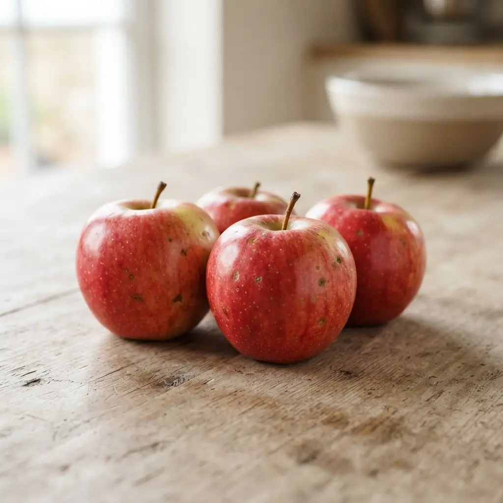 Apples on a plain wooden surface.