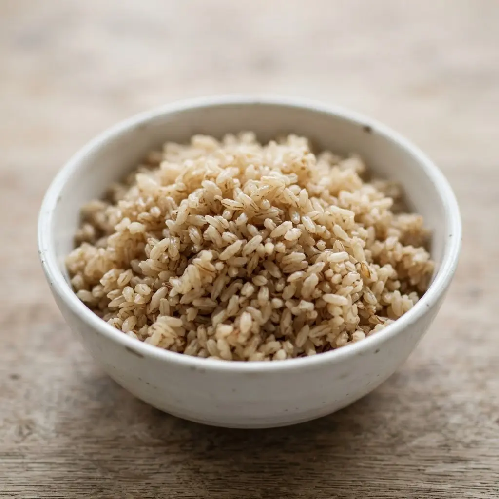 Brown rice in a plain white bowl in close-up.