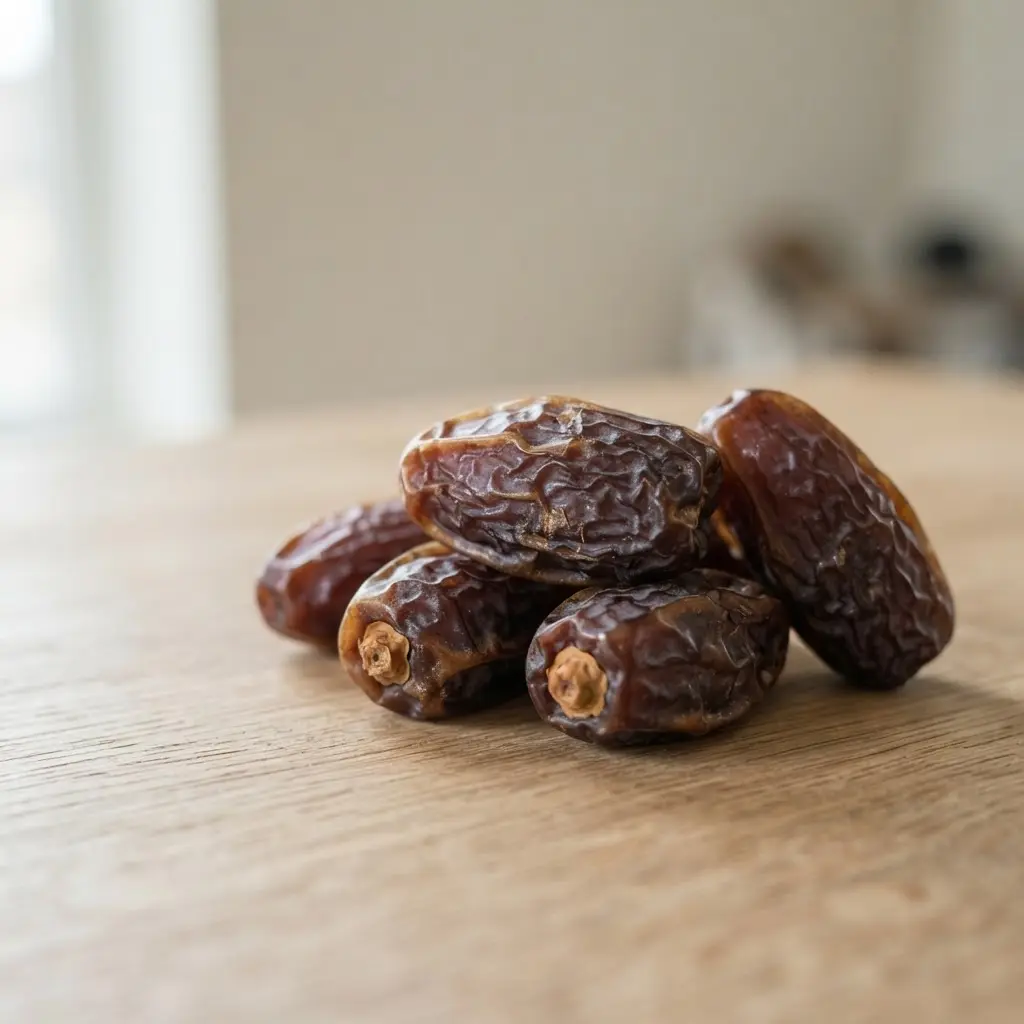 Dates on a plain wooden surface.