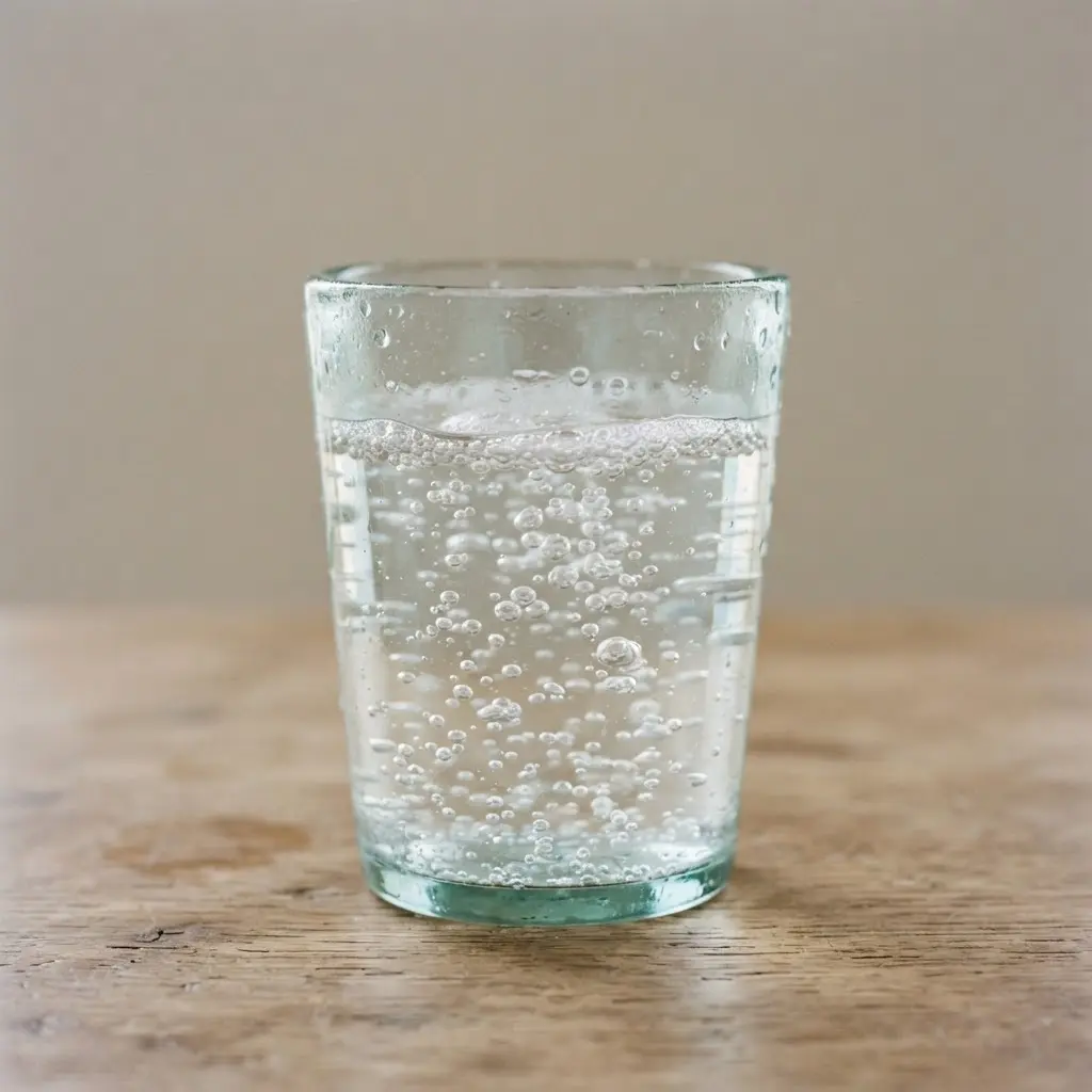 Sparkling water in a clear drinking glass in close-up.