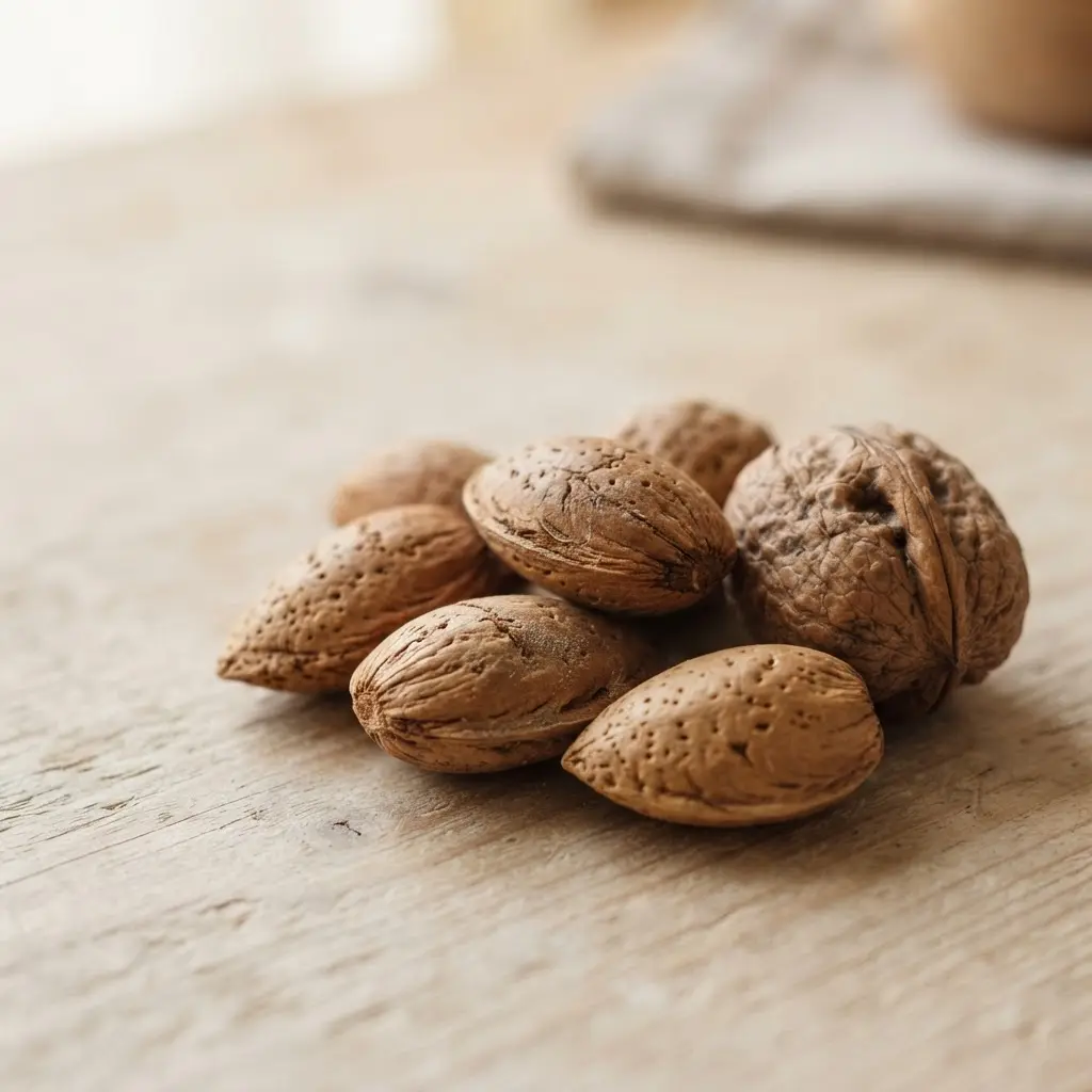 Nuts on a plain wooden surface.