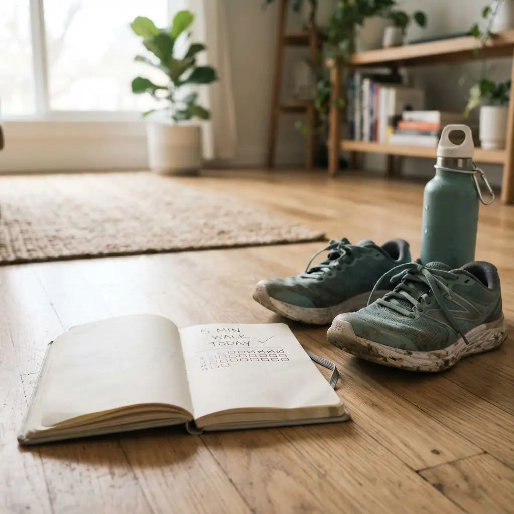 Notebook with a five-minute walking goal, running shoes, and a water bottle for starting exercise.