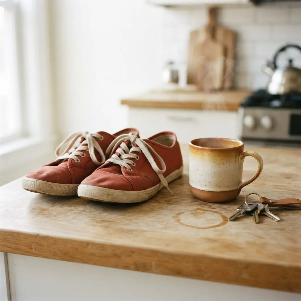 Walking shoes beside a coffee mug and keys, showing a simple cue for starting exercise each morning.