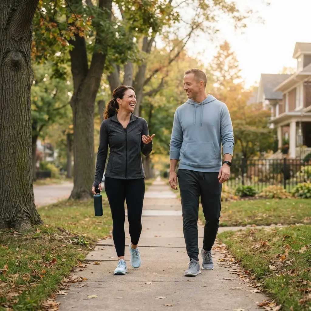 Two adults walking side by side on a quiet path while discussing a shared weekly movement plan.
