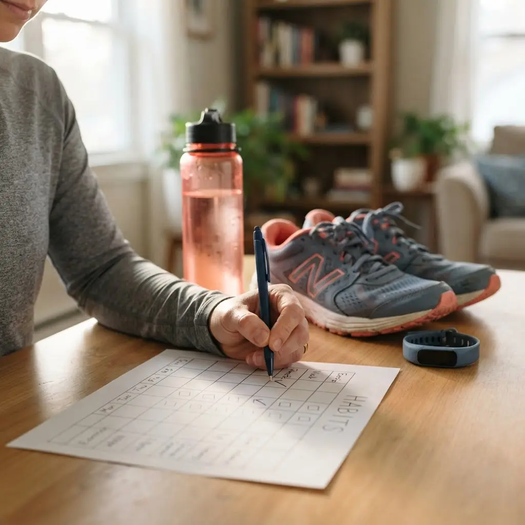 Person marking a weekly calendar beside walking shoes, a water bottle, and a small habit tracker.