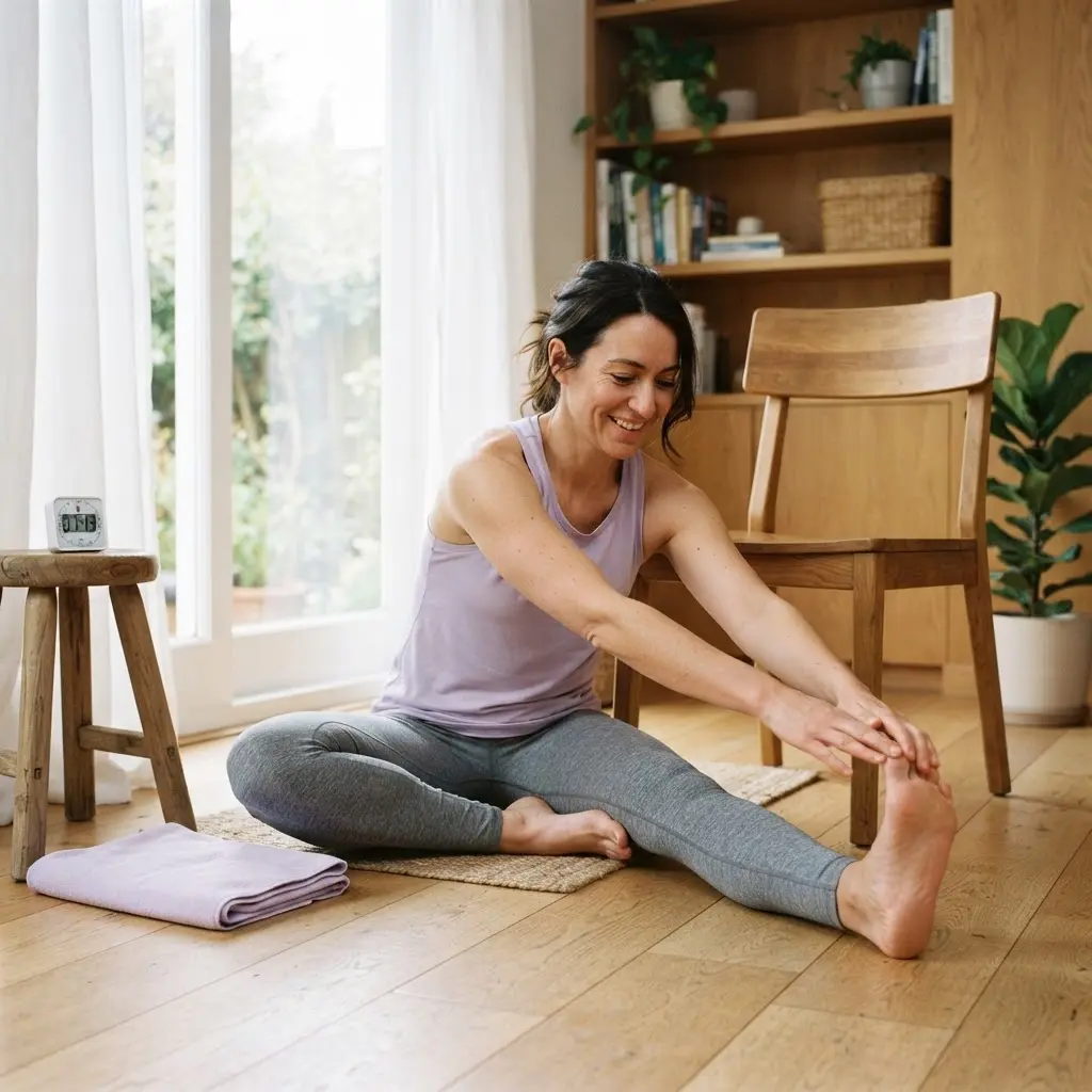 Person performing a gentle seated stretch beside a chair, with a timer and towel nearby for an exercise start.