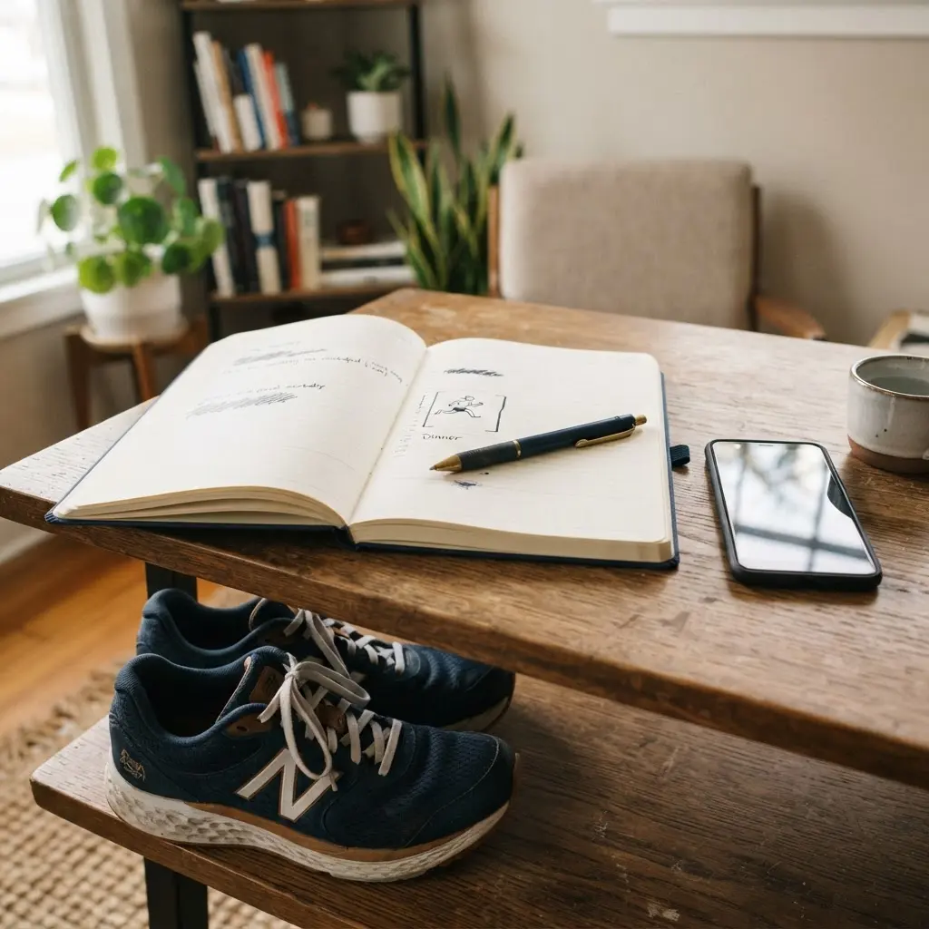 Open daily planner with a short movement block, pen, phone, and shoes ready for starting exercise.