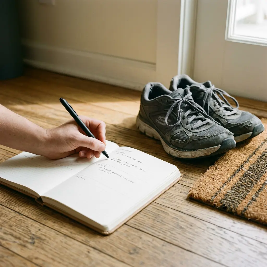 Person writing ways to get in shape before spring in a fitness journal beside walking shoes.