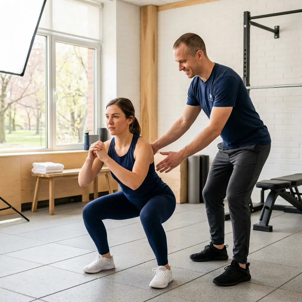 Coach guiding a beginner through a safe squat in a bright indoor training studio.