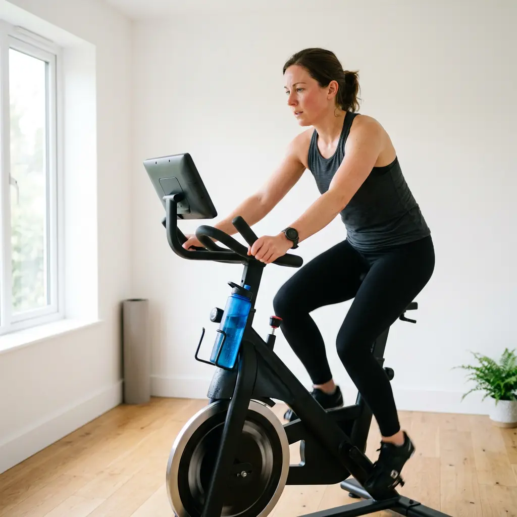 Person cycling on an indoor bike in a bright studio, with a heart rate watch visible.
