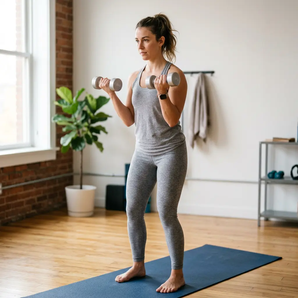 Person holding dumbbells during a beginner strength workout, one of several ways to get in shape before spring.