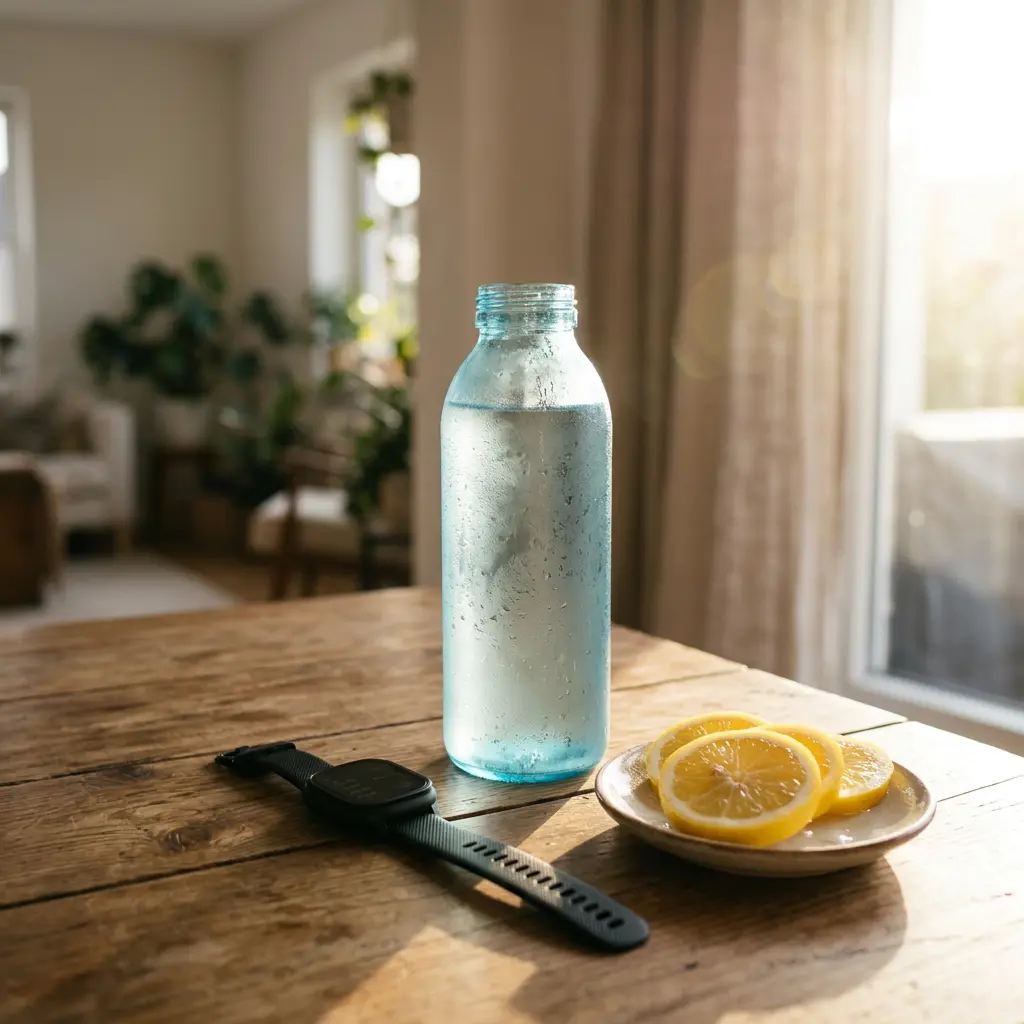 Refillable water bottle beside a fitness watch and lemon slices, supporting spring weight loss habits.